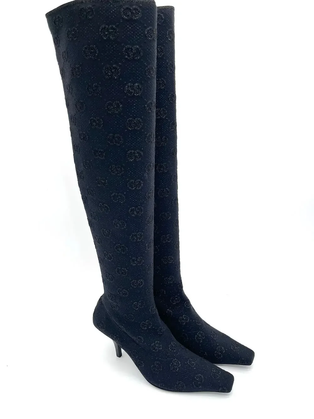 Gucci Demi Black GG Logo Metallic Stretch Knit Over-the-Knee Sock Boots IT 39.5